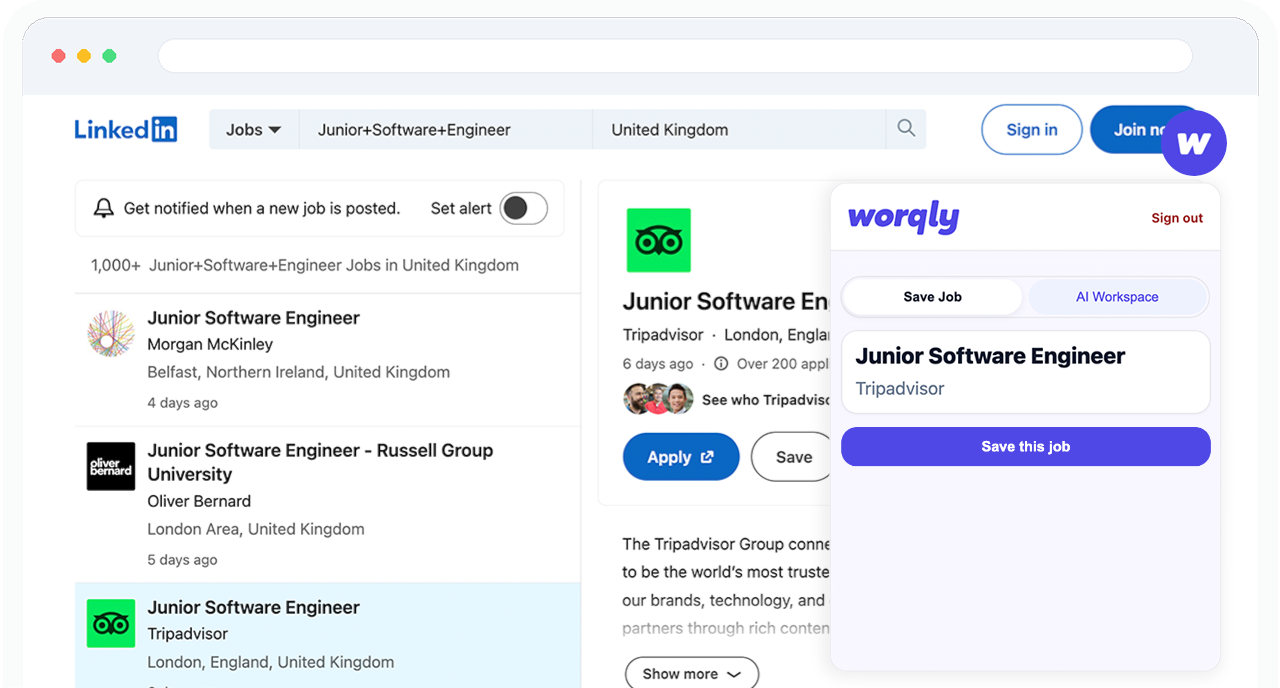 Saving a job from a job website into the Worqly application tracker