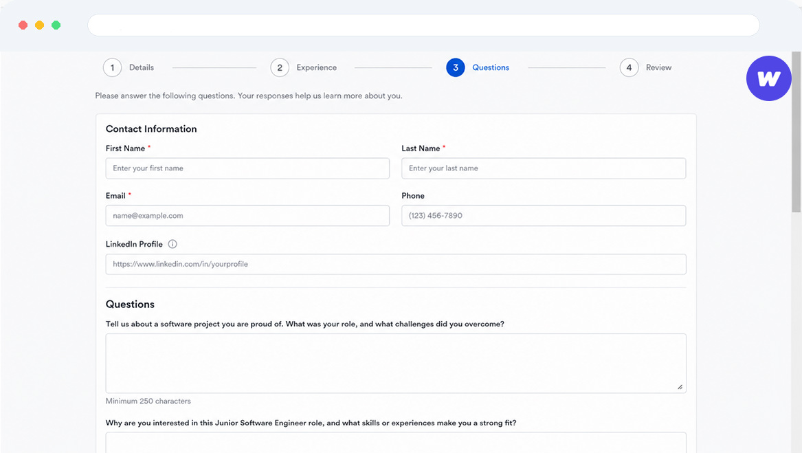 Worqly generating a tailored answer for a job application question